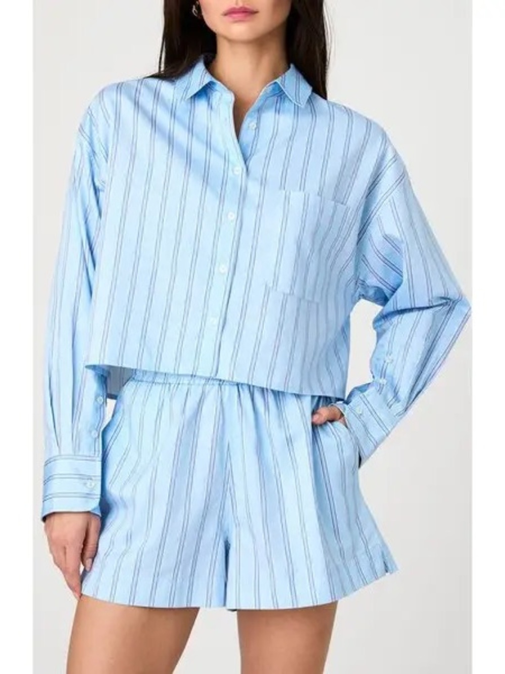 French Connection Light Blue Striped Cropped Button‑Front Blouse